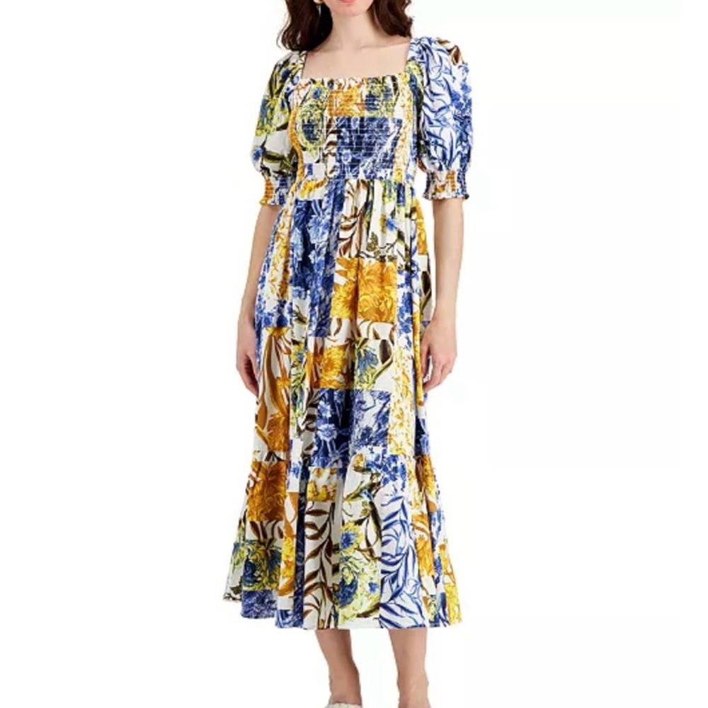 INC International Concepts Blue and Yellow Patchwork Maxi Dress